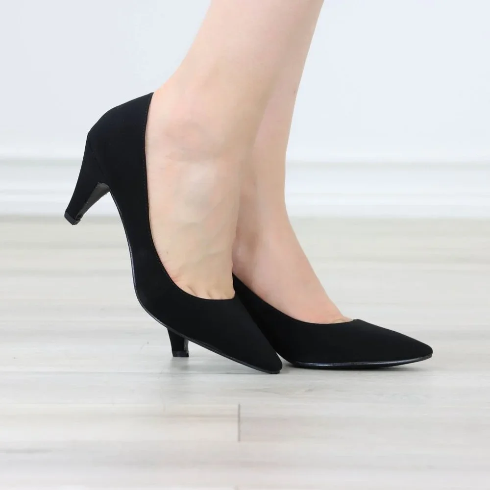 Kitten Low Heel Shoes Rockabilly Vintage Style Pointed Toe Pumps Black Nubuck - Picture 3 of 12